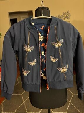 Petit Lem Navy Jacket with Butterfly Embroidery and Coral Zipper